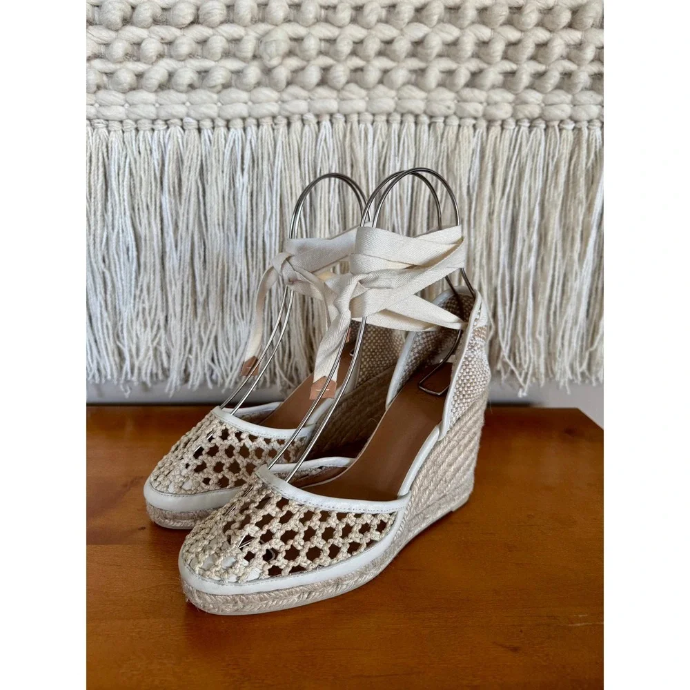 Castaner Carola Beige Jute Ankle Wrap Espadrille Platform Wedge Sandal Size 6